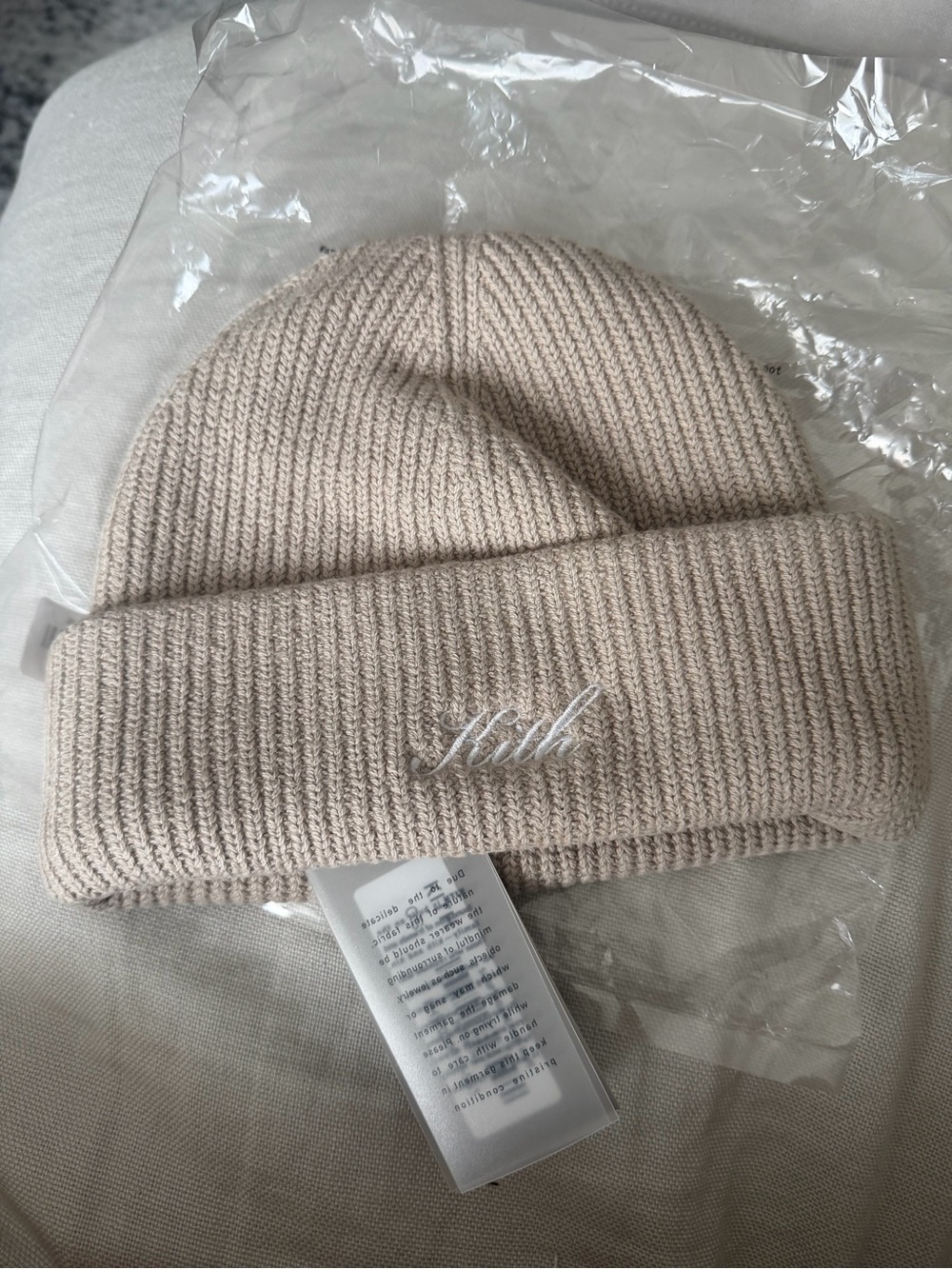 New Beige Knit Cuffed Beanie with Script Logo